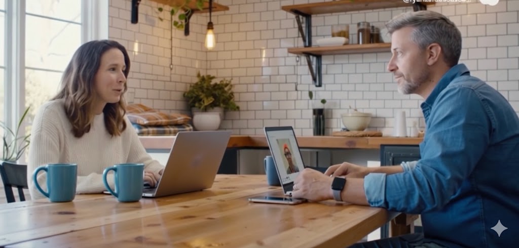 Couple having a calm mediation consultation at a dining table with laptops